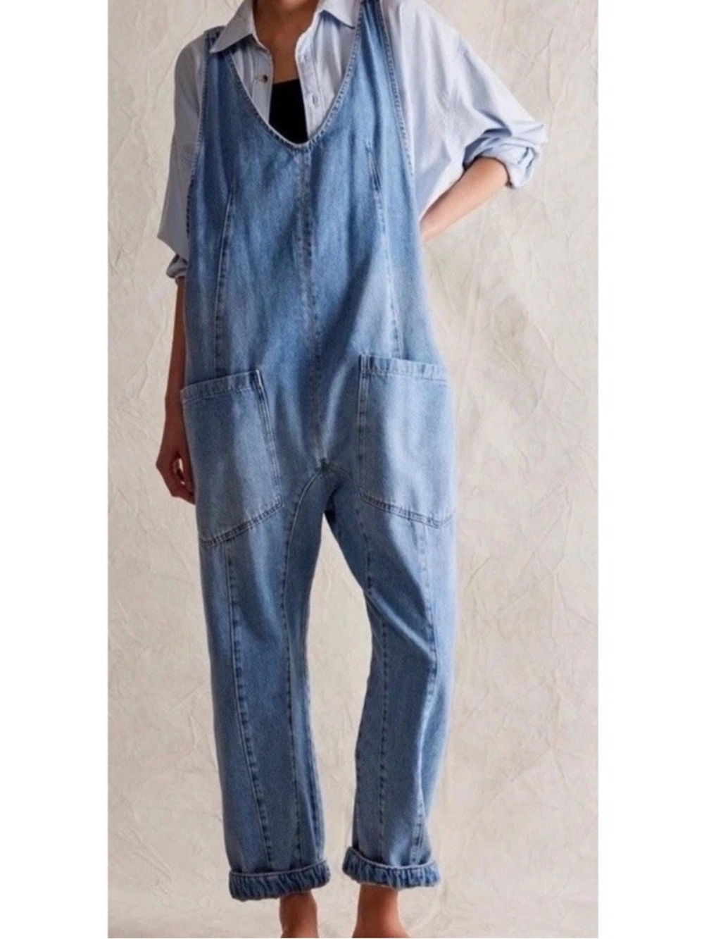 Free People Light Wash Denim Overalls in Faded Blue - Picture 6 of 7